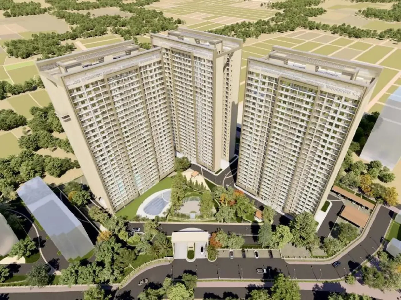 Aerial view of the three Sahu City Pearl towers around the central landscape park