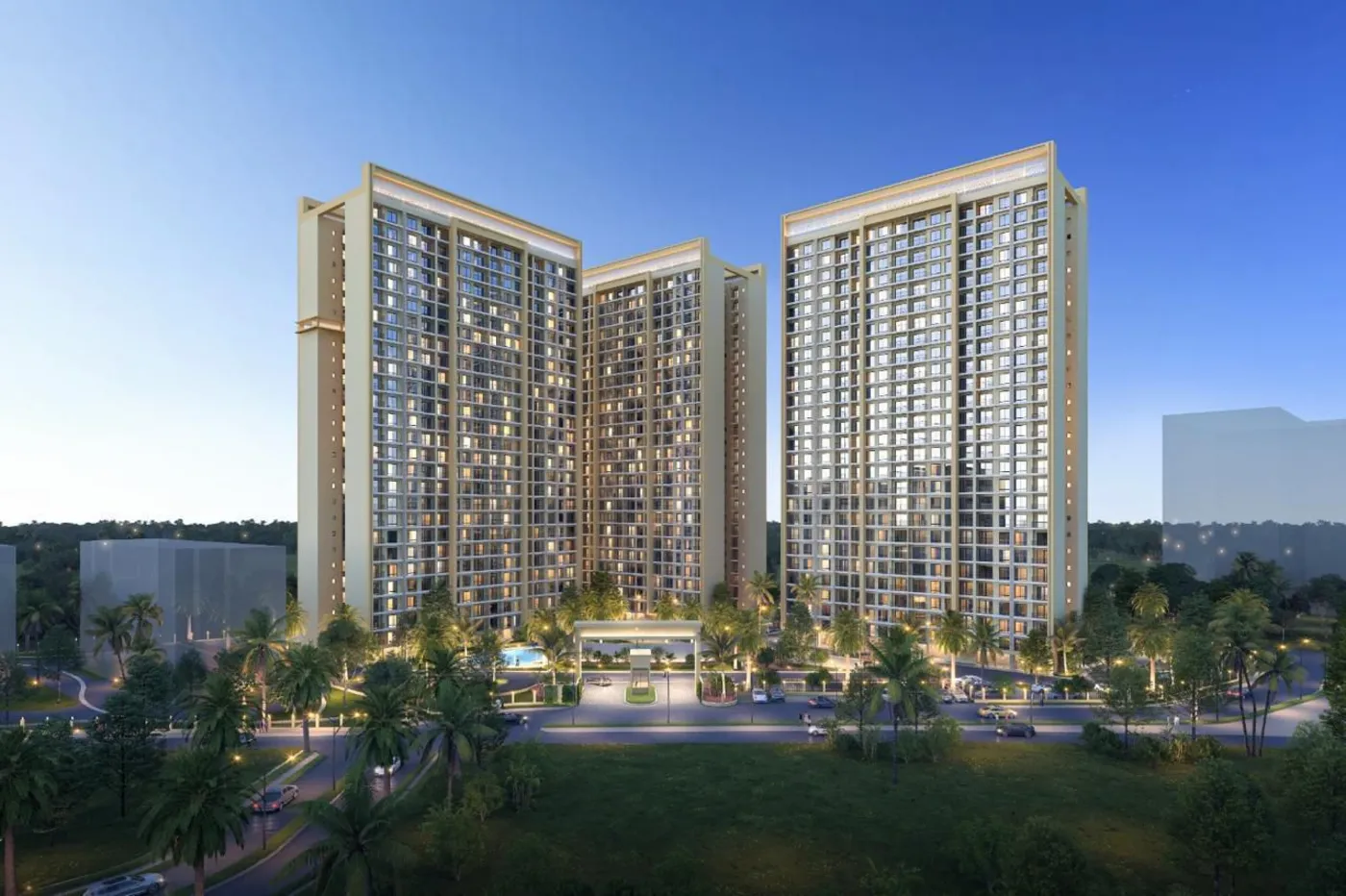 Sahu City Pearl towers at dusk, Sultanpur Road Lucknow — artist's impression