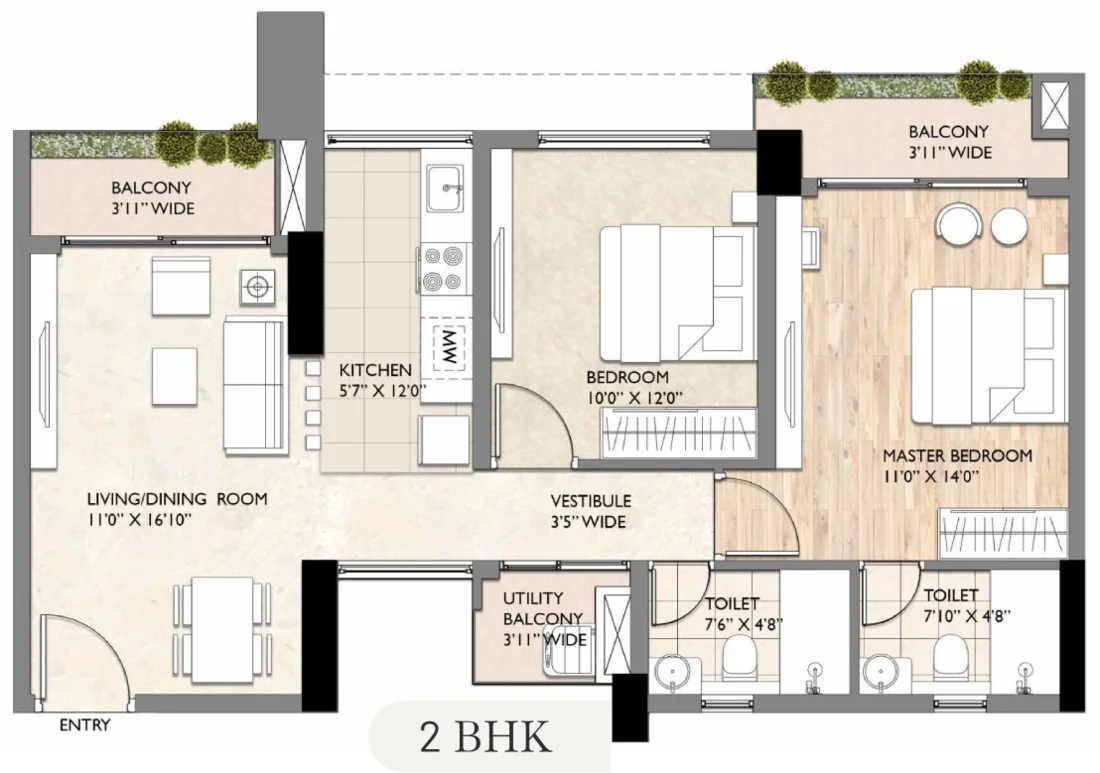 Type A 2 BHK floor plan — Sahu City Pearl
