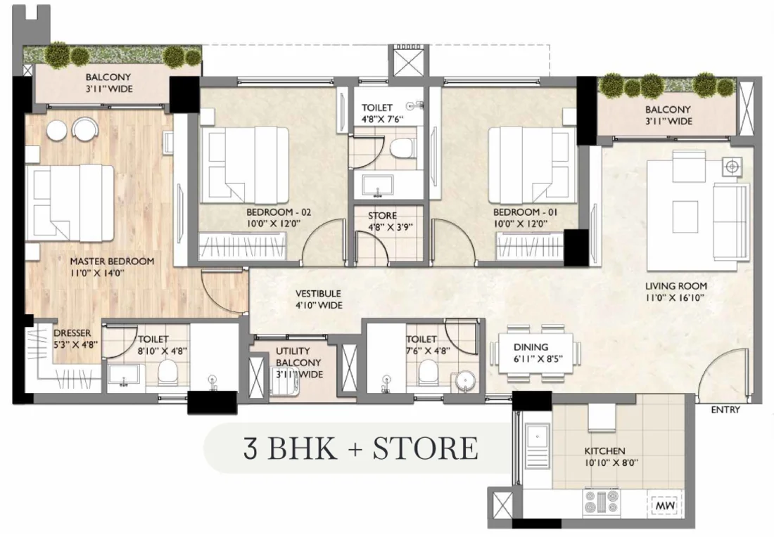 Type C 3 BHK plus Store floor plan — Sahu City Pearl