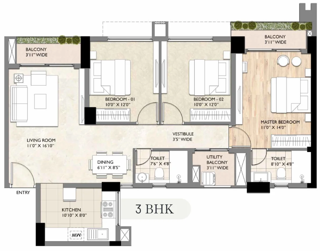 Type B 3 BHK floor plan — Sahu City Pearl