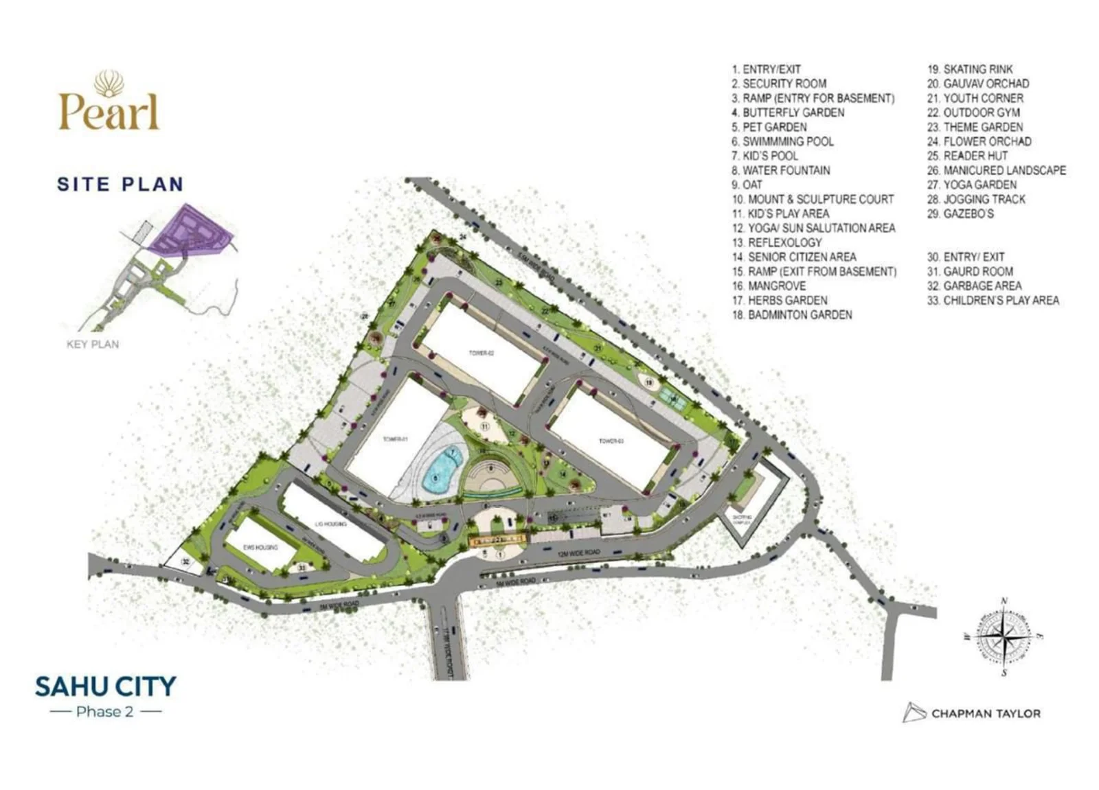 Sahu City Phase 2 site plan showing three towers and 33 numbered landscape features
